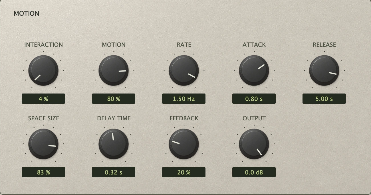 Prism Motion panel showing Interaction, Motion, Rate, Attack, Release and shared space controls