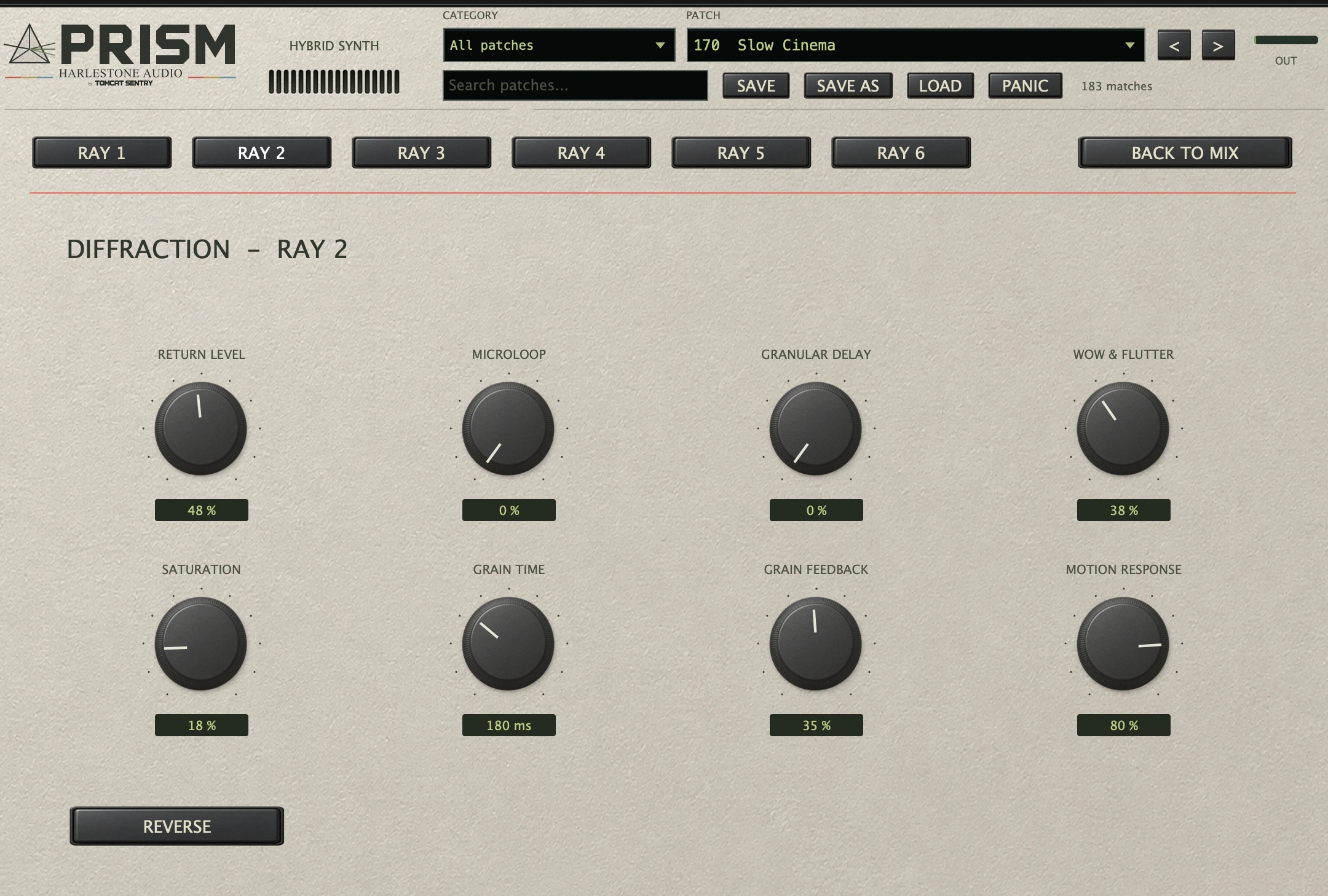 Prism ray editor with six ray selectors and independent loop, grain, tape, saturation and motion response controls